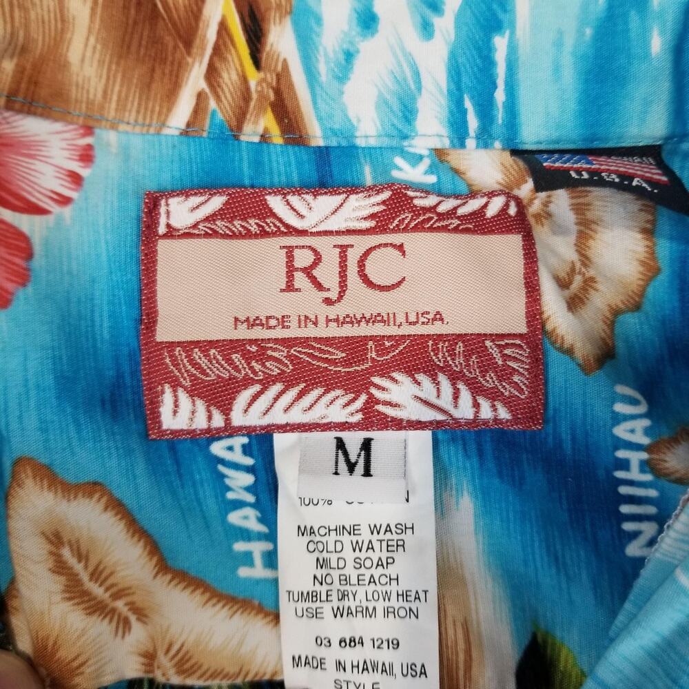 RJC Hawaiian Aloha Shirt Mens Medium Blue Island Map Floral Cotton Made USA - Picture 4 of 11